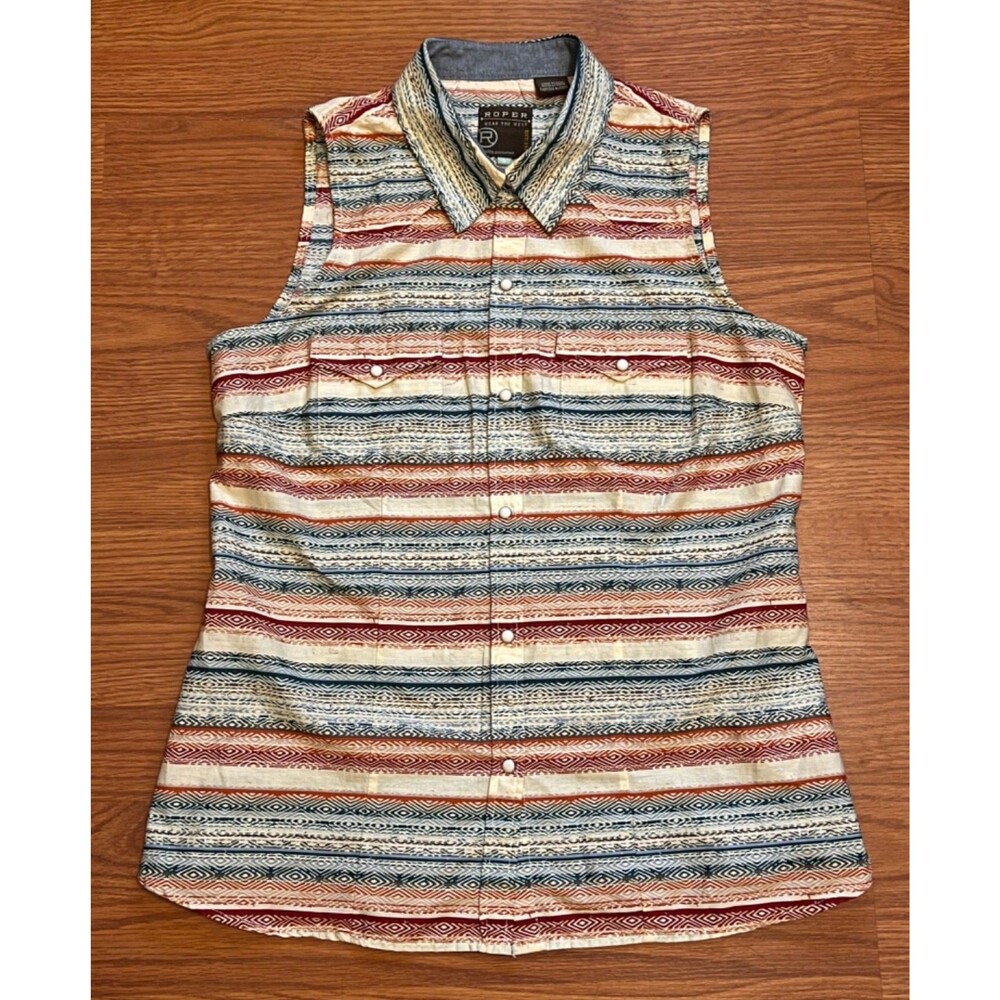 ROPER Aztec Western Snap Tank Top Cream Striped Earth Tone Cowgirl Country Small